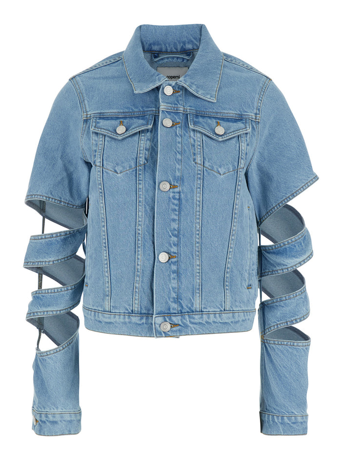 Cut-Out Blue Jacket with Classic Collar and Spiral Sleeves Womens Denim Light Organic Cotton Outerwear