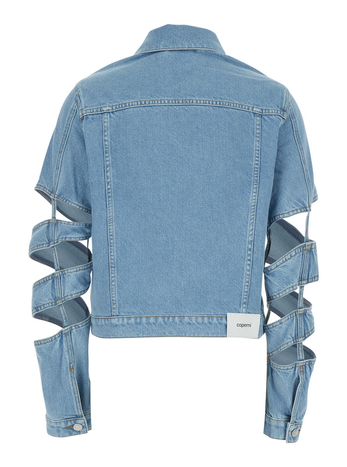 Cut-Out Blue Jacket with Classic Collar and Spiral Sleeves Womens Denim Light Organic Cotton Outerwear