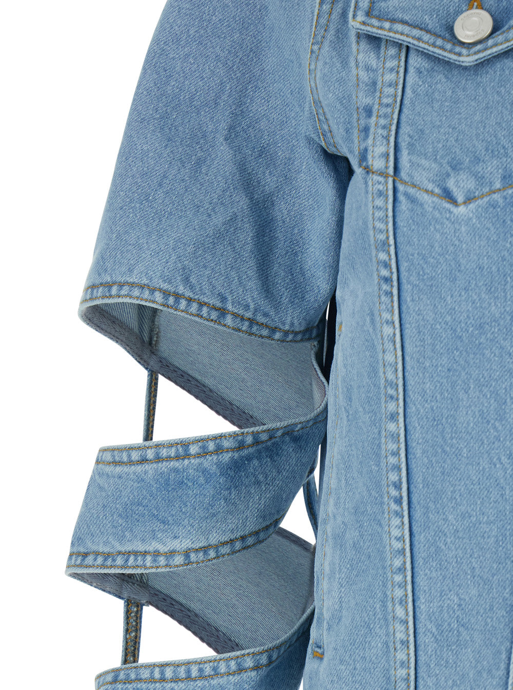 Cut-Out Blue Jacket with Classic Collar and Spiral Sleeves Womens Denim Light Organic Cotton Outerwear