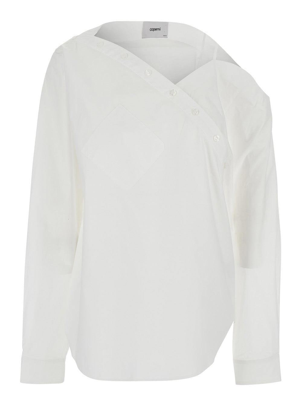 Shirt Heart with Asymmetrical Buttoning and Chest Pocket in White Cotton for Women Blouses