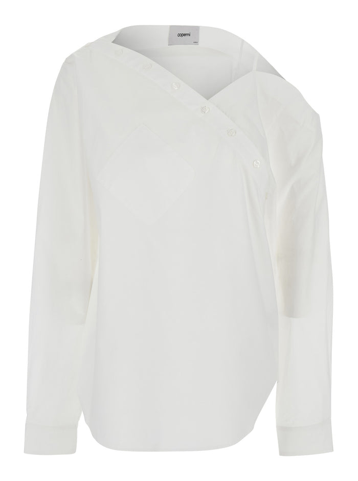 Shirt Heart with Asymmetrical Buttoning and Chest Pocket in White Cotton for Women Blouses