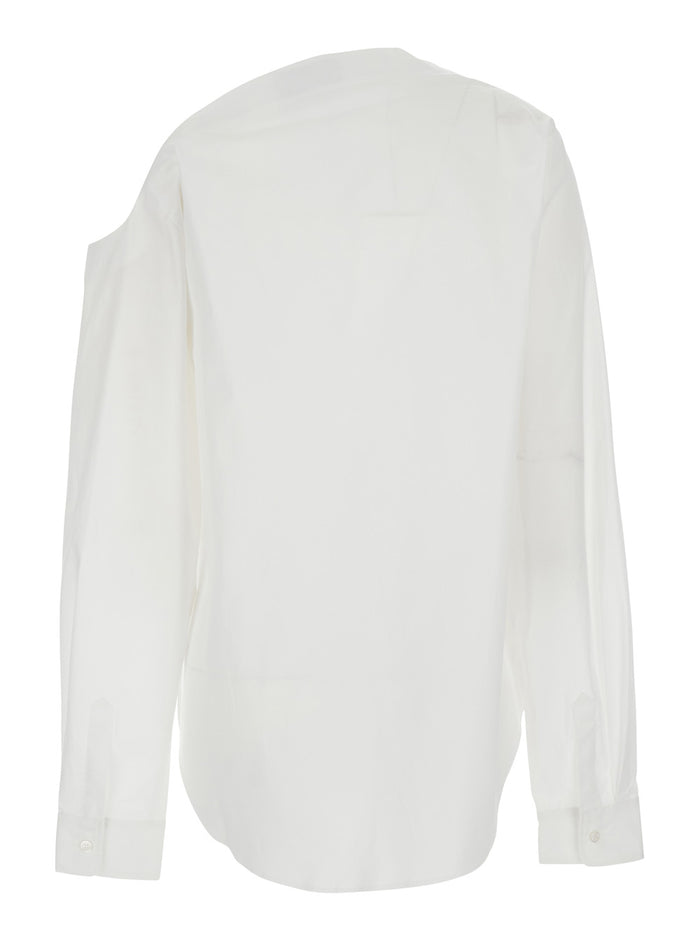 Shirt Heart with Asymmetrical Buttoning and Chest Pocket in White Cotton for Women Blouses