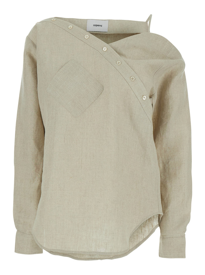 HEART SHIRT Beige with Classic Collar and Long Sleeves for Women Linen Blouses