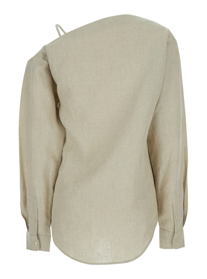 HEART SHIRT Beige with Classic Collar and Long Sleeves for Women Linen Blouses