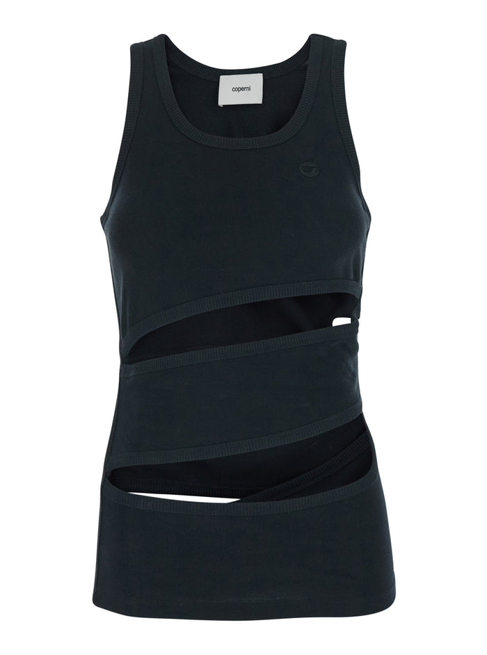 Sleeveless Top with Spiral Cut-Out Design and Logo Embroidery on the Front in Black Cotton for Women Organic Tops