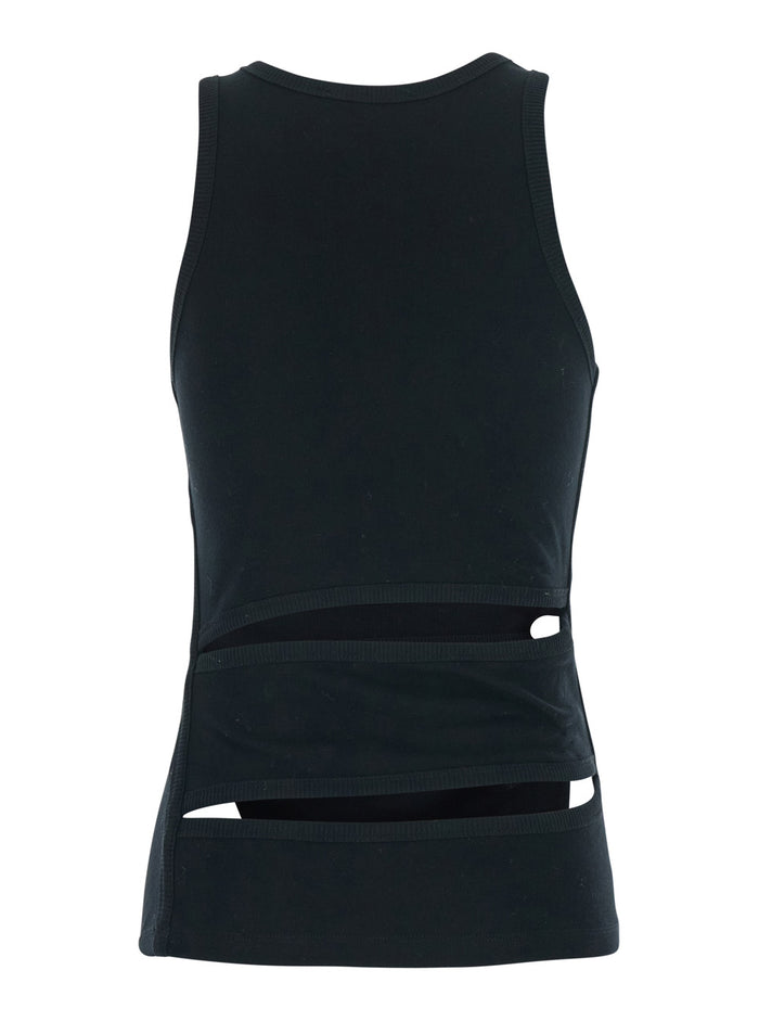 Sleeveless Top with Spiral Cut-Out Design and Logo Embroidery on the Front in Black Cotton for Women Organic Tops