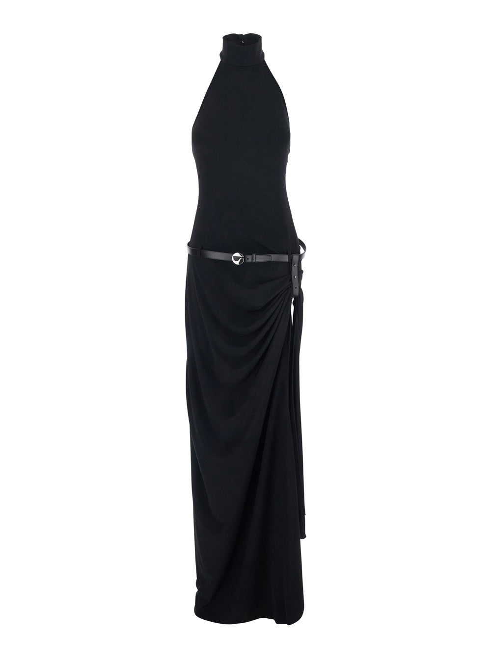 Long Dress Coperni with Open Back and Logo Belt at Waist in Black Fabric for Women Polyester Elastane