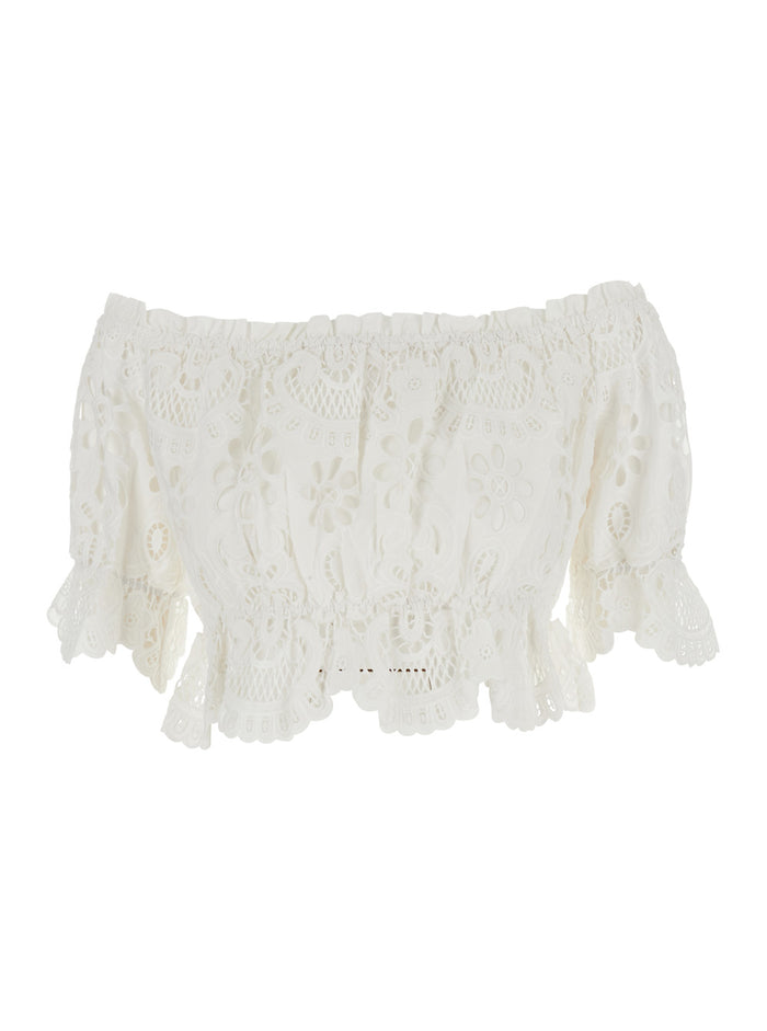 Blouse Edwige White With Long Sleeves And Embroidered Details Polyester Women Cotton Shirts Blouses