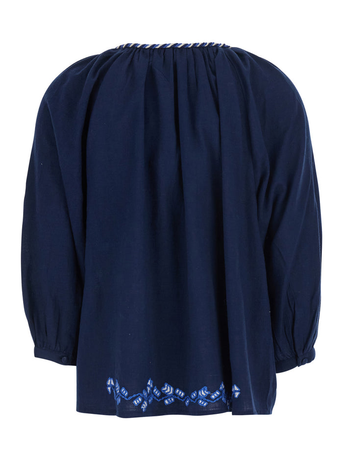Enora Blue Dress With Long Sleeves And Round Neck Cotton For Women Blu Shirts Blouses