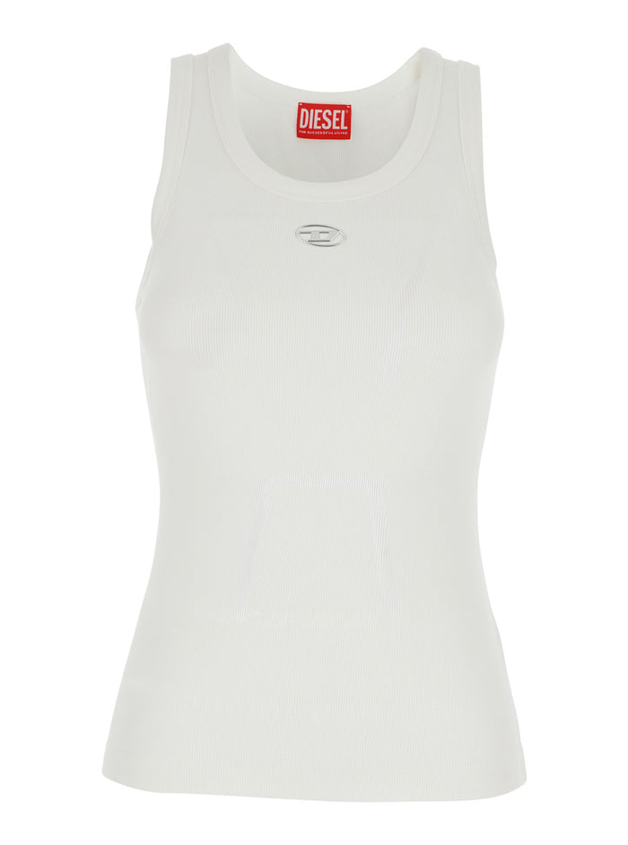 Top DLogo with on the Front in White Ribbed Cotton for Women Elastane Tops