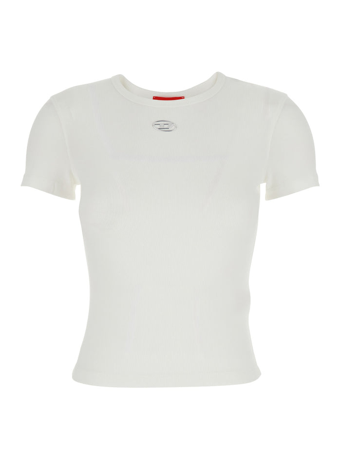 White T-shirt with DLogo on the Front in Womens Cotton Elastane Tshirts And Polo Shirts