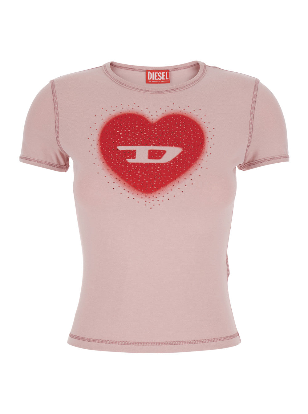Round Neck T-Shirt with Front Print and Bead Details in Pink Cotton for Women Elastane Tshirts Polo Shirts