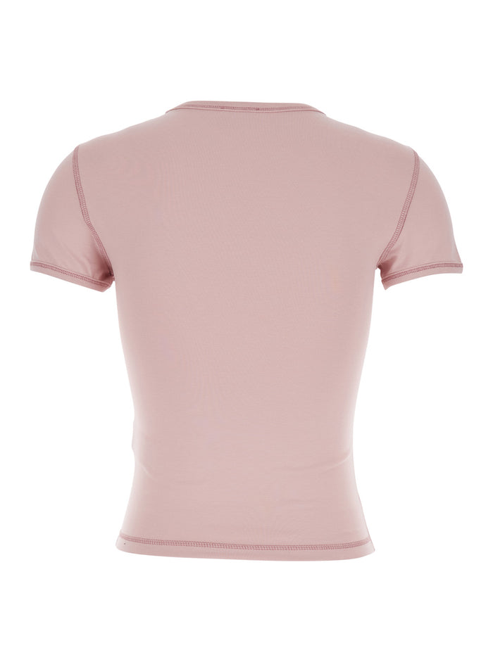 Round Neck T-Shirt with Front Print and Bead Details in Pink Cotton for Women Elastane Tshirts Polo Shirts