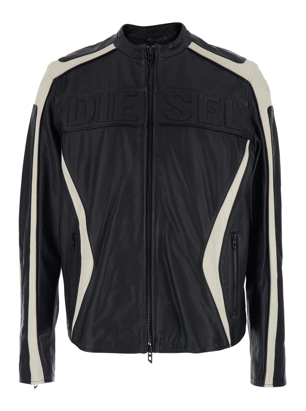 Adam Black Jacket with Embossed Logo on the Front and Details Stripe in Leather Man Goat Outerwear