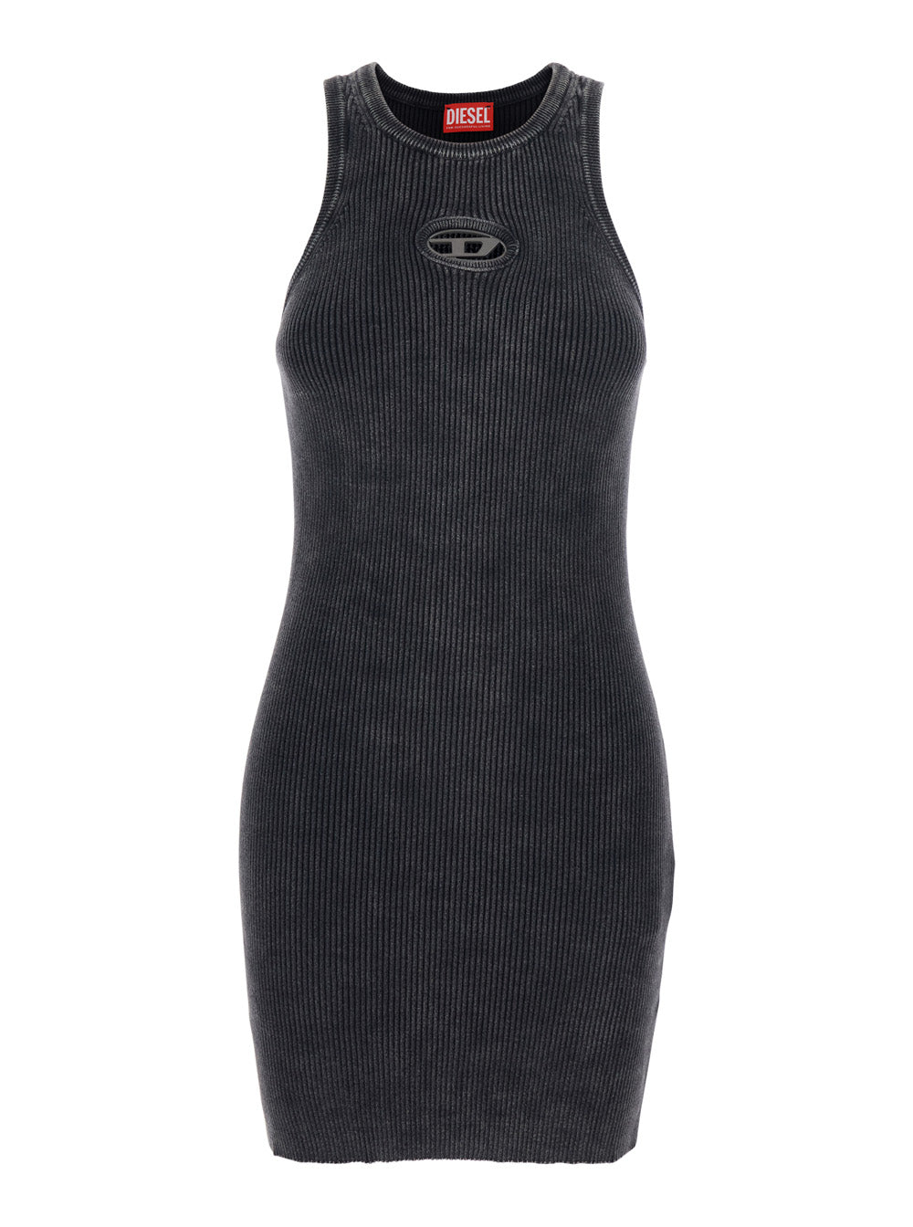 Black Sleeveless Crew Neck Dress With Cut-Out And Logo On The Front Ribbed Cotton For Women
