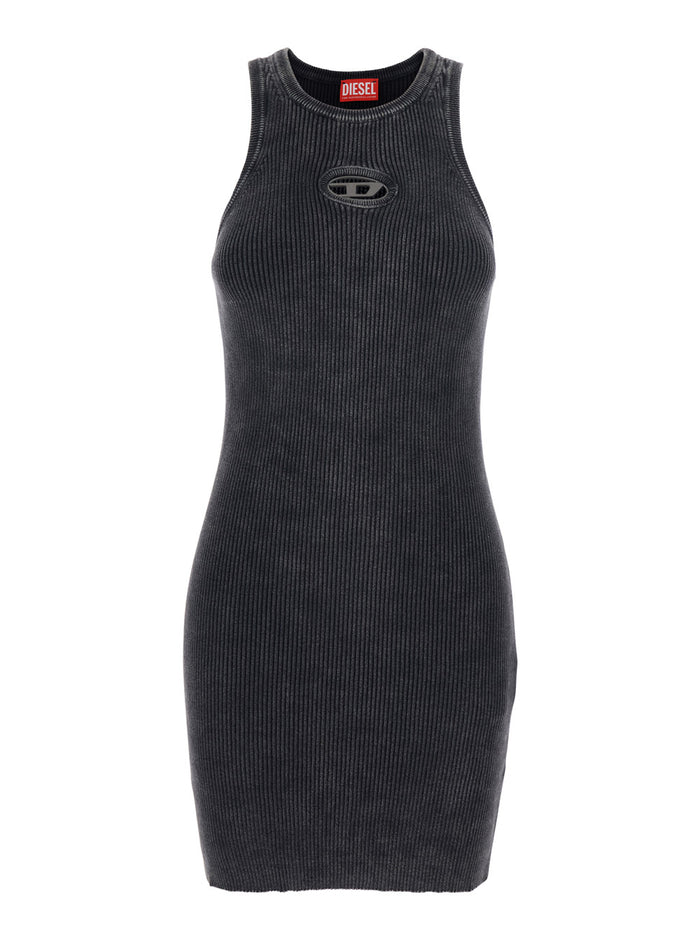 Black Sleeveless Crew Neck Dress With Cut-Out And Logo On The Front Ribbed Cotton For Women