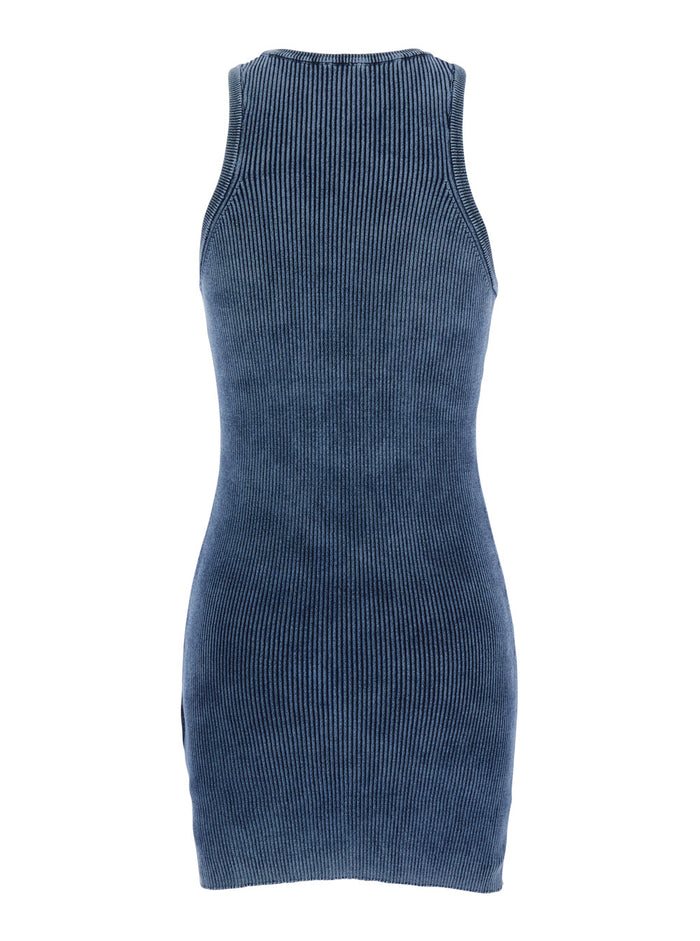 Sleeveless Crew Neck Dress with Cut-Out and Logo on the Front in Blue Ribbed Cotton for Women Blu