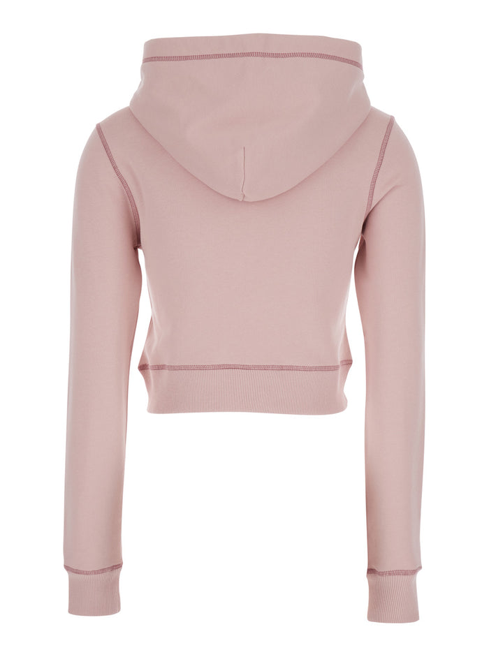 Crop Hoodie with Drawstring and Rhinestone Heart on the Front in Pink Cotton for Women Sweatshirts