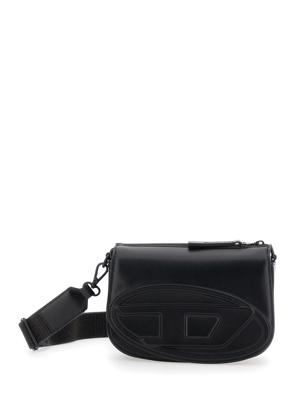 1DR Black Crossbody Bag with Oval D Logo Embroidery on the Front in Leather Man Pmu