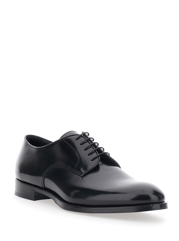 Derby Shoes Brushed Leather With Black Rubber Sole And Elegant Details For Men Lace