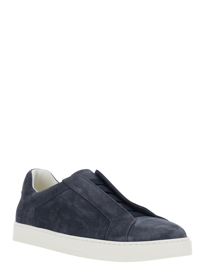 Blue Sneaker with Rounded Toe in Leather for Men Blu Calf