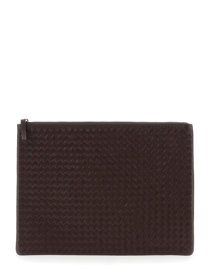 Brown Leather Woven Design Clutch with Top Zip Closure for Women Calf Clutches And Pochettes
