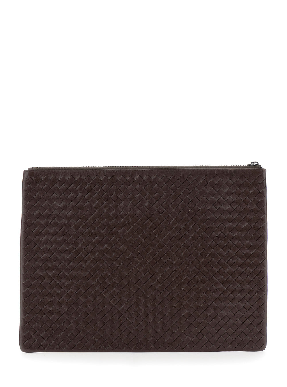 Brown Leather Woven Design Clutch with Top Zip Closure for Women Calf Clutches And Pochettes