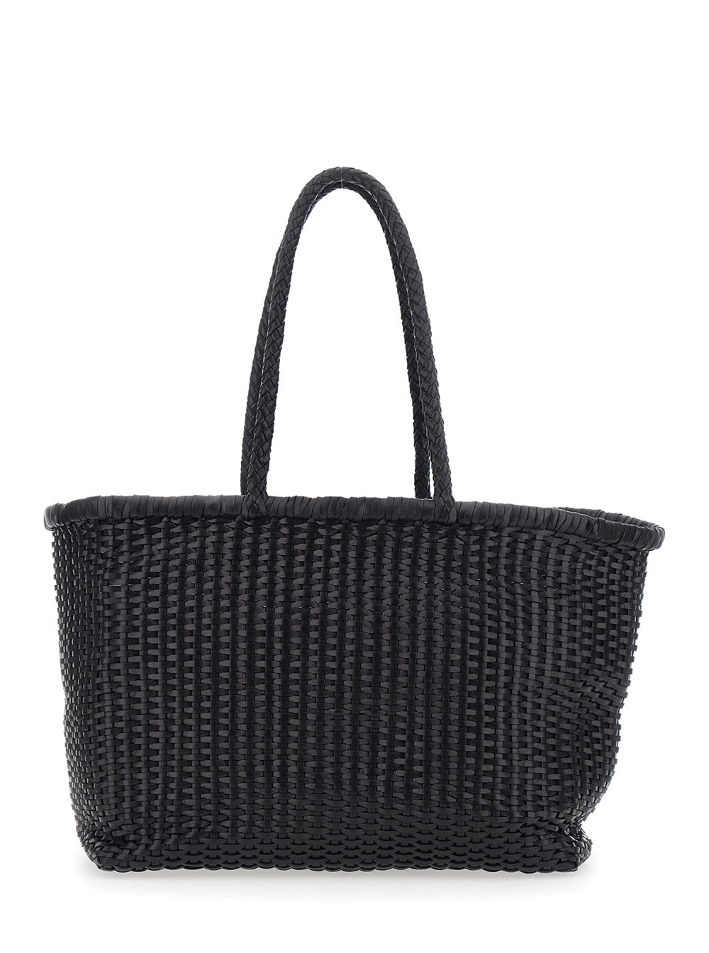 Handbag with Two Top Handles and Black Leather Intreccio Design for Women Hand Bags