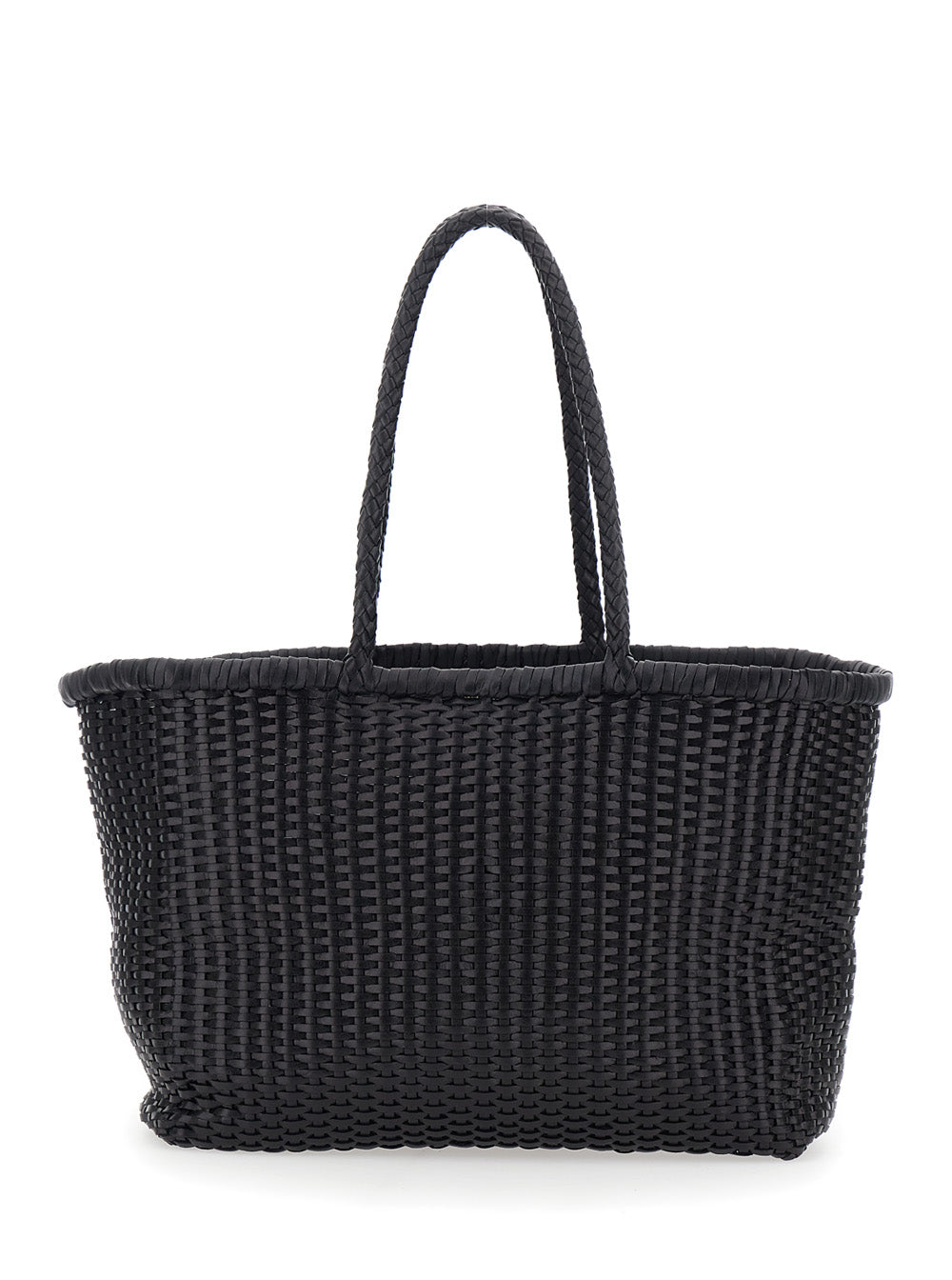 Handbag with Two Top Handles and Black Leather Intreccio Design for Women Hand Bags