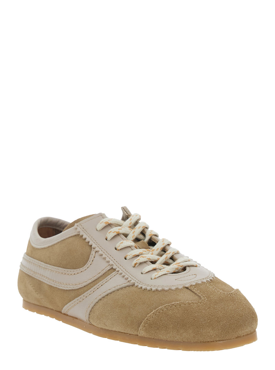 Low Top Sneakers, Beige Suede Calf Leather Trainers