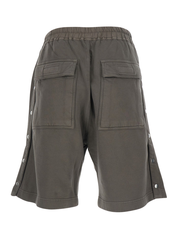 Gray Shorts with Elastic Waist and Side Buttons Grey Cotton Bermuda