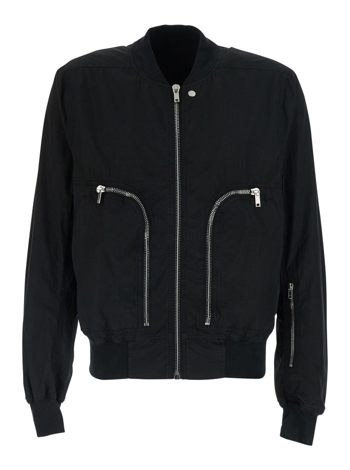 Black Bomber Jacket With Collar And Zip Pockets On The Front Cotton For Men