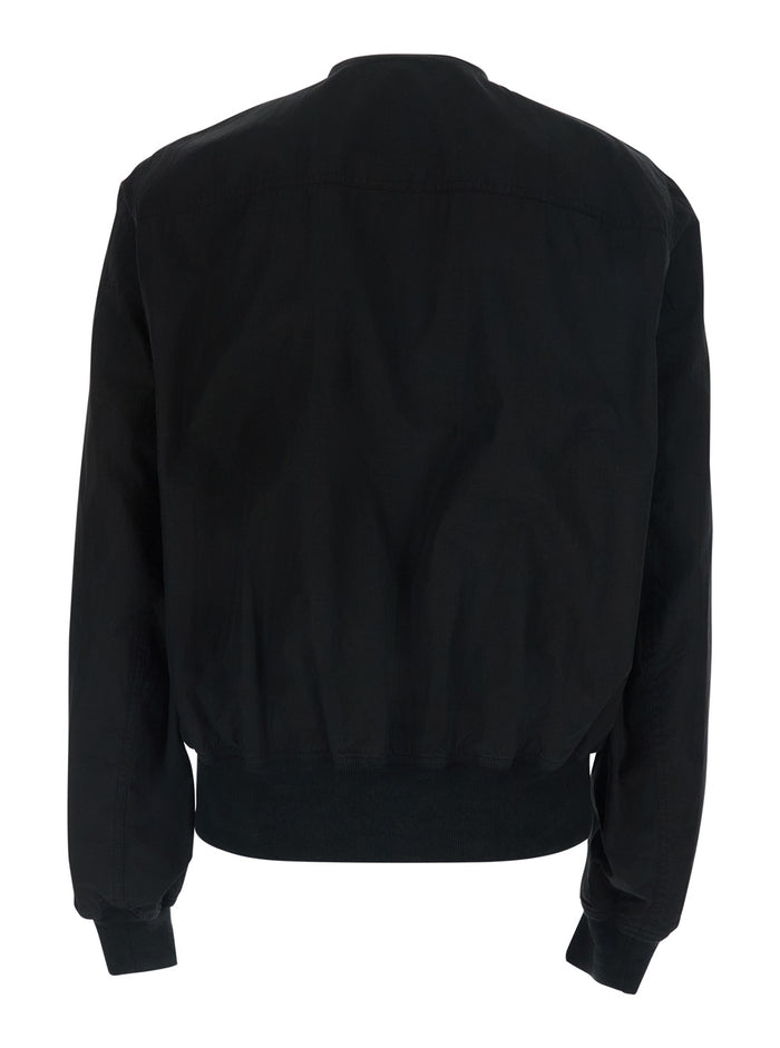 Black Bomber Jacket With Collar And Zip Pockets On The Front Cotton For Men