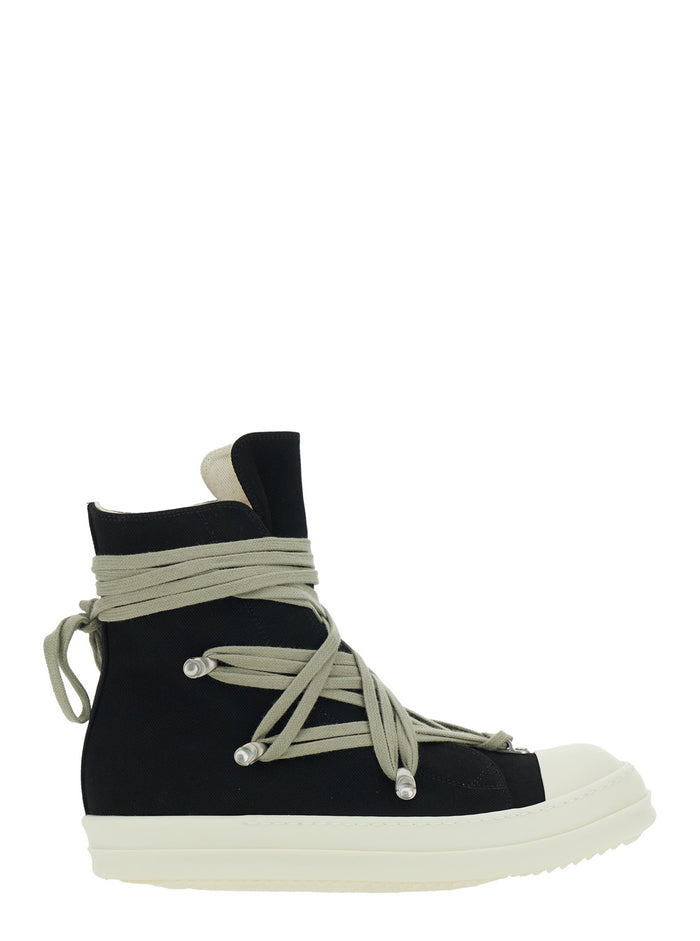 Black Sneaker With Oversized Decorative Laces And Side Zip Closure Denim For Men Cotton