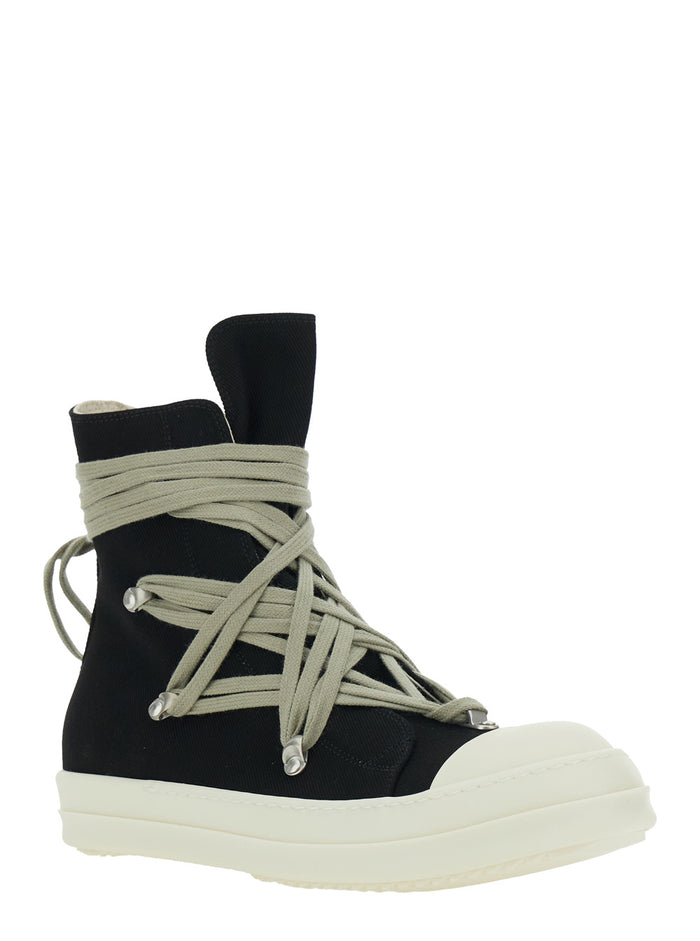 Black Sneaker With Oversized Decorative Laces And Side Zip Closure Denim For Men Cotton