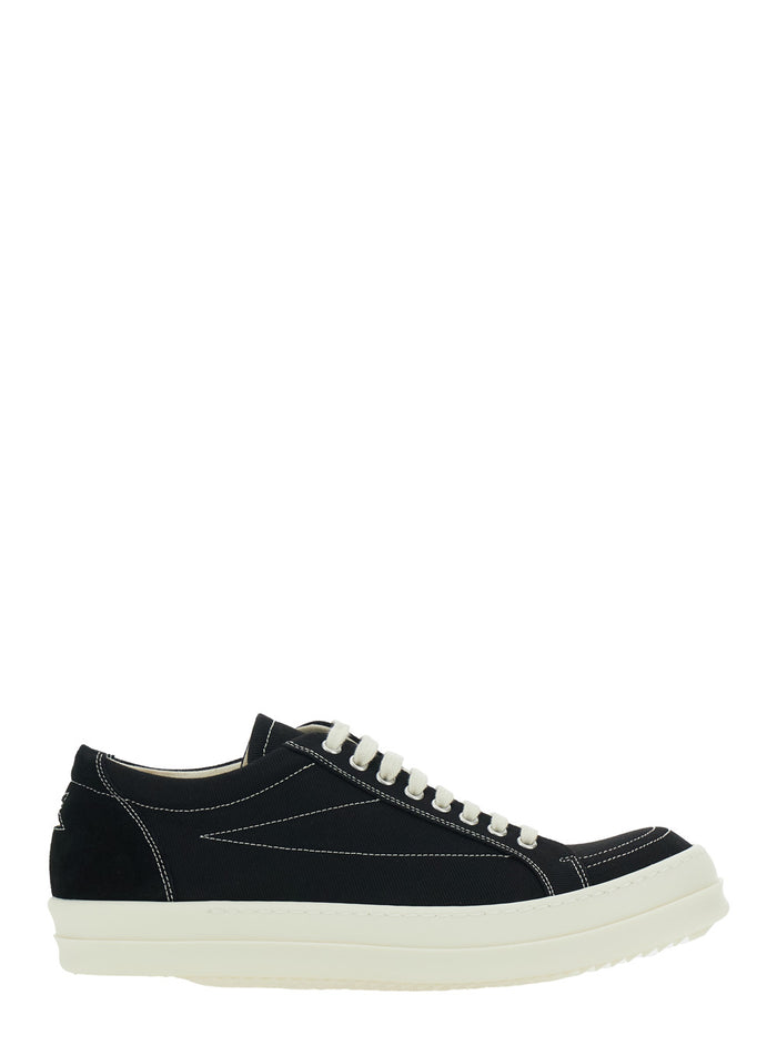 Black Low Top Sneakers With Logo Patch On Heel And Contrast Stitching Denim For Men Cotton