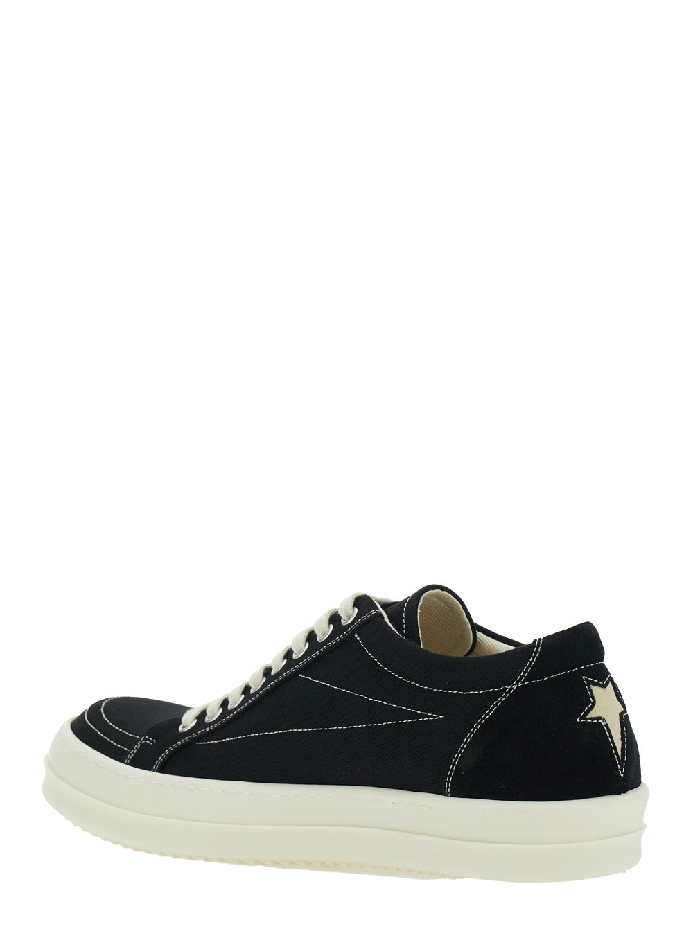 Black Low Top Sneakers With Logo Patch On Heel And Contrast Stitching Denim For Men Cotton