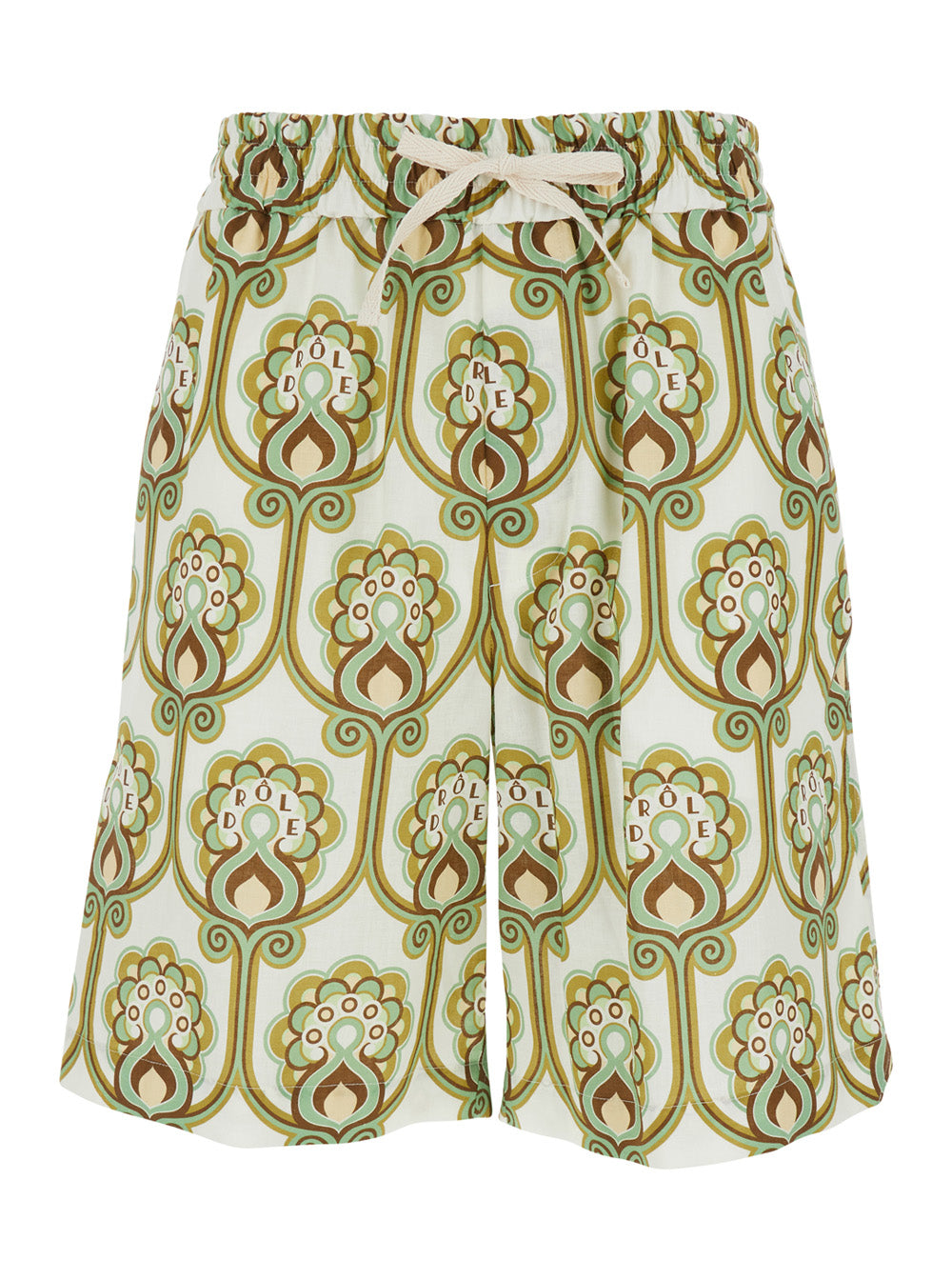 Green Linen Blend Drawstring Shorts with All-Over Print for Men Cotton And Bermuda