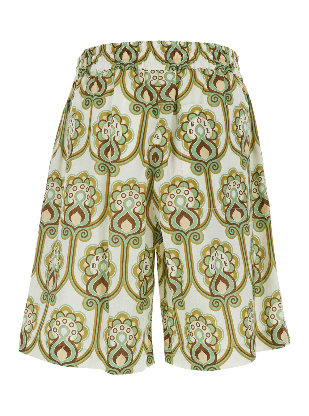 Green Linen Blend Drawstring Shorts with All-Over Print for Men Cotton And Bermuda