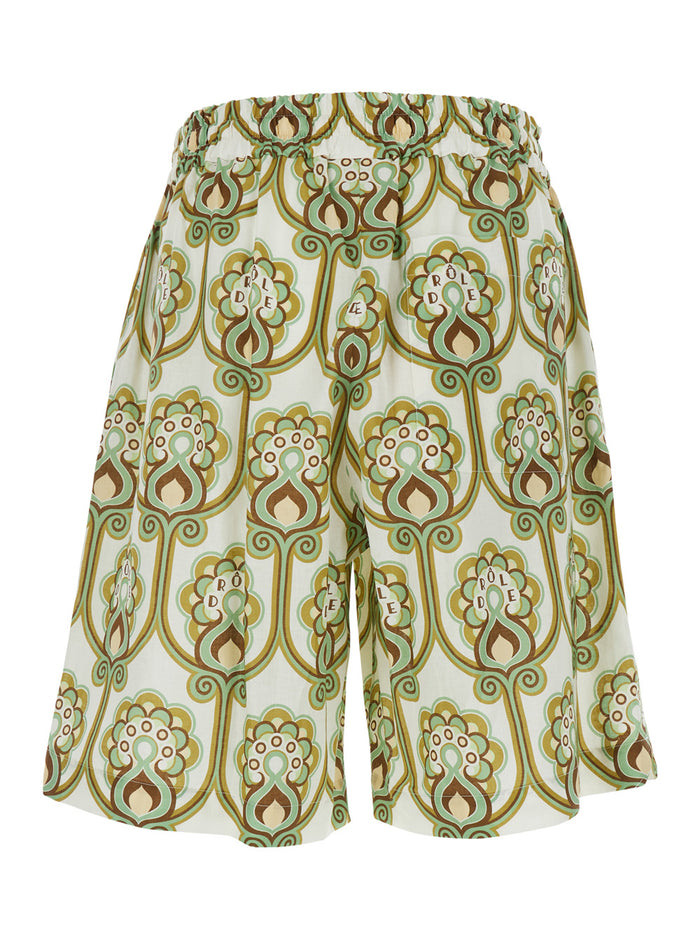 Green Linen Blend Drawstring Shorts with All-Over Print for Men Cotton And Bermuda