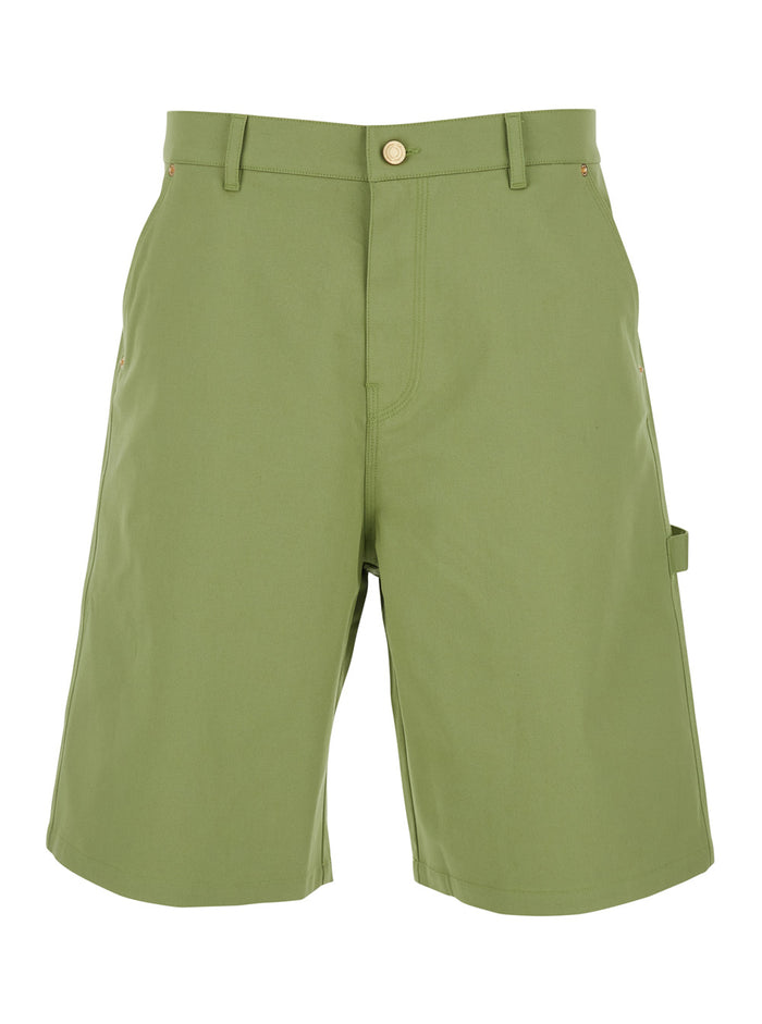Bermuda with Belt Loops and Logo Patch on the Back in Green Stretch Cotton for Men Elastane Shorts
