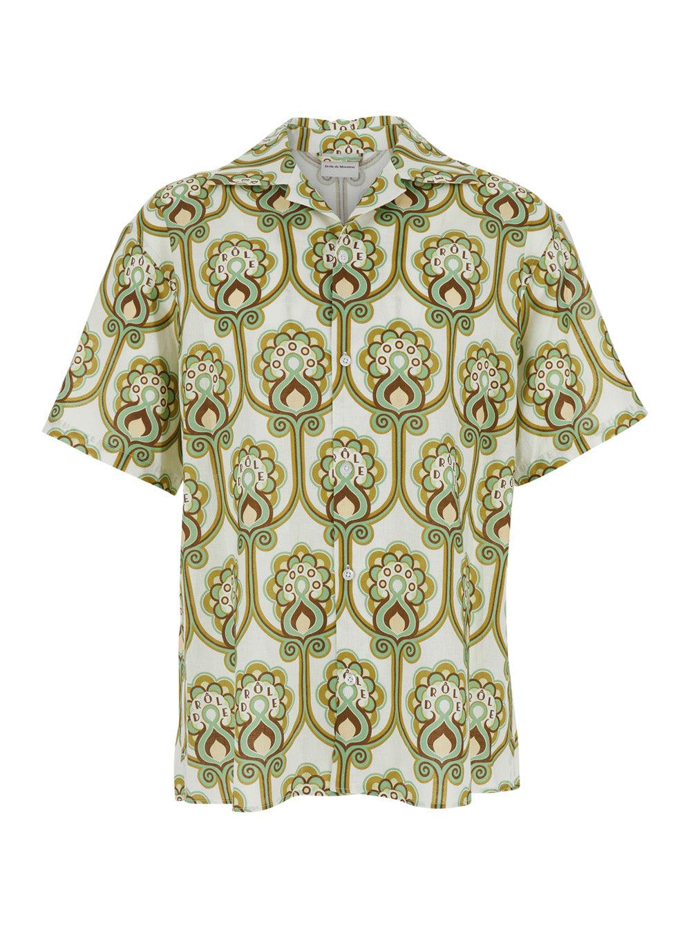 Green Floral Bowling Shirt with Cuban Collar and All-Over Print in Linen Blend for Men Cotton Blouses