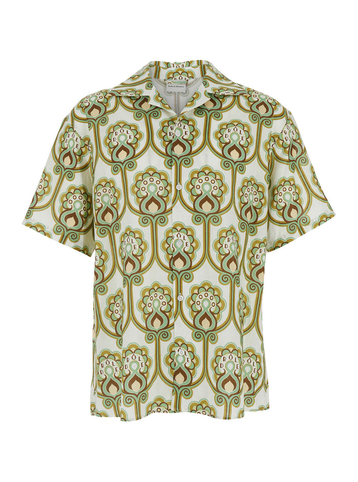 Green Floral Bowling Shirt with Cuban Collar and All-Over Print in Linen Blend for Men Cotton Blouses