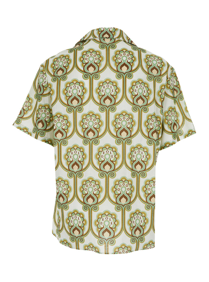 Green Floral Bowling Shirt with Cuban Collar and All-Over Print in Linen Blend for Men Cotton Blouses