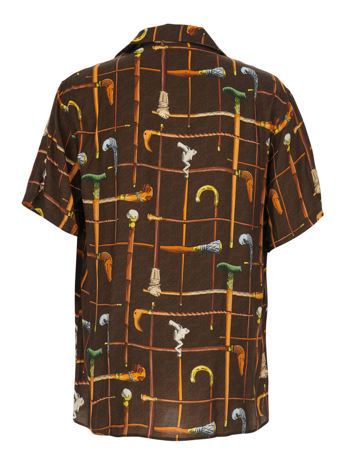 La Chemise Cannes Brown Bowling Shirt With Cuban Collar And All-Over Print Viscose For Men Blouses