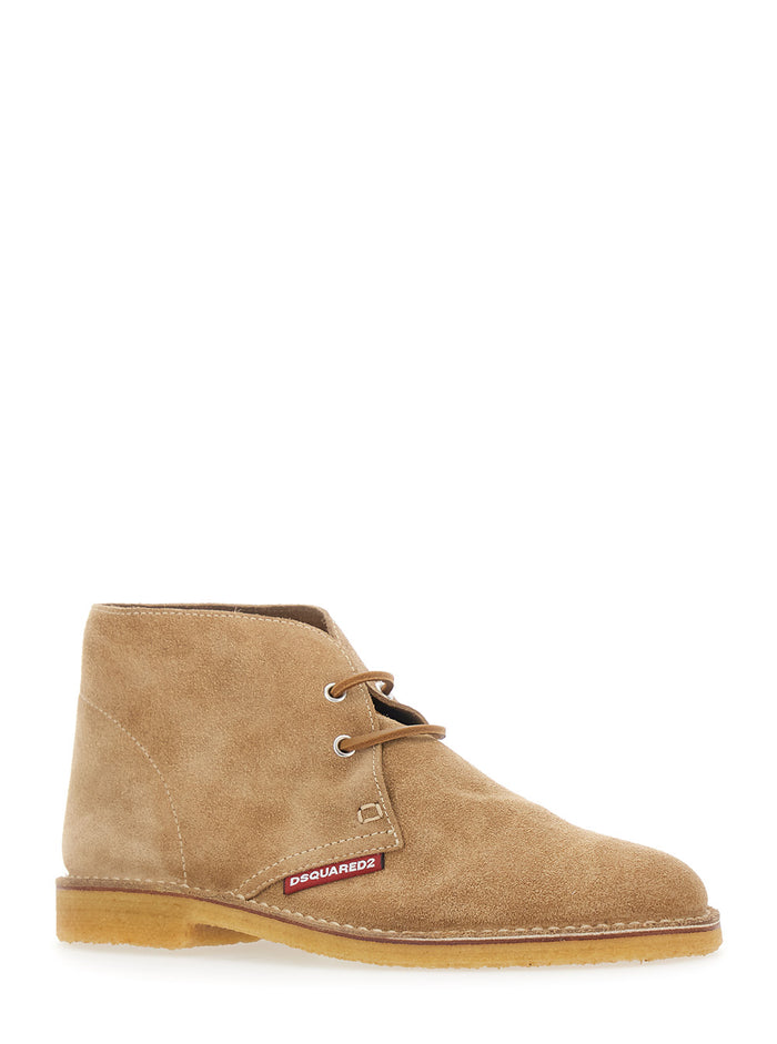 Beige Suede Lace-Up Shoes with Logo Patch on the Side for Men Calf Lace