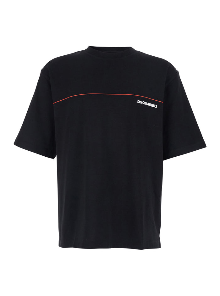 Black T-shirt with Raised Collar and Logo on Front for Men Cotton Tshirts Polo Shirts
