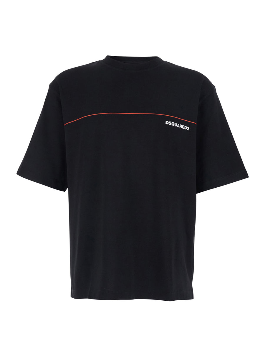 T-Shirt With Raised Collar, Black Cotton T-shirts