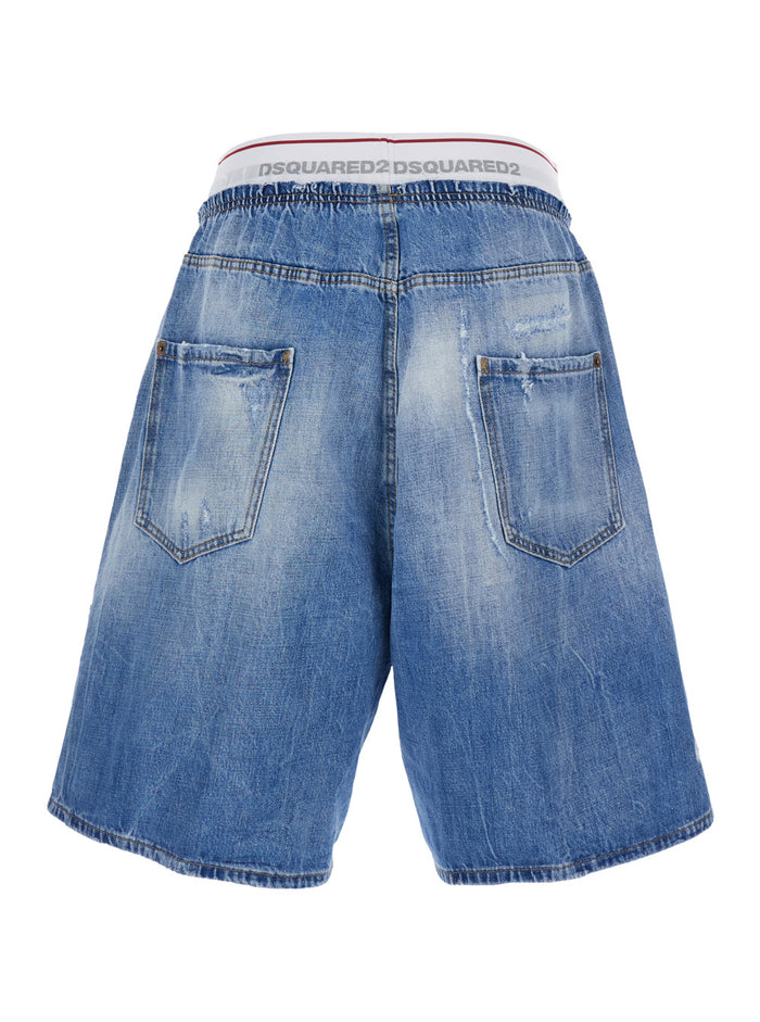 Logo Elastic Denim Shorts Blue With Waist And Front In Cotton For Men Blu Bermuda