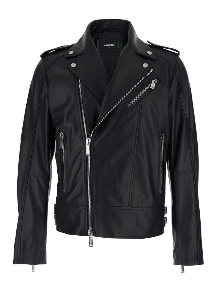 Black Leather Jacket with Three Zip Pockets for Men Outerwear